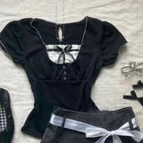 Poshoot Y2k Summer Crop Top Bow Aesthetic T shirt Women Clothes Casual Kawaii Sexy Emo 2000s Tops Gothic Vintage Tees Coquette Tshirts