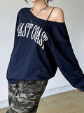 Poshoot Vintage Blue Street Fashion Slope Neck Print Sweatshirts