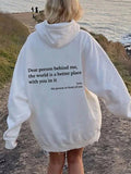 Poshoot White Oversized Kangaroo Pocket Drawstring Hoodie with Letter Print