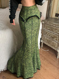 Poshoot nye outfits party outfits Forest Green Print Aesthetic Vacation Long Skirts Womens Vintage Lace Trim Mermaid Skirt