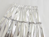 Poshoot outfit Summer New Women's Silver Metal Texture Medium Length Skirts High Waist A-Line Slim Large Skirt Hem Cake Skirt