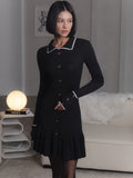 Poshoot outfit Winter Knitted Dress Long Sleeve Black Turn-down Collar Slim Dress Single Breasted Autumn Elegant Dress Streetwear