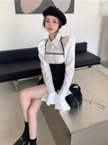 Poshoot Fashion Simple Puff Sleeve White Shirts Women+ Y2k E-Girl Sexy Slim Waist Black Strap Dresses Summer New Two Piece Sets