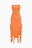 Poshoot Solid Color French Ruffle Hem Ruched Tube Maxi Dress