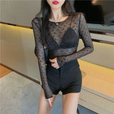 Poshoot Fashion Moon See Through Mesh Bottoming T-shirts  Summer Sexy Slim Fit Tops Women Y2k Grunge Long Sleeve Black Tee Shirt