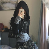 Poshoot Aesthetic Hoodies Gothic Top Women Clothing Zip Up Rhinestone Slim Oversized Hooded Punk Sexy Korea Sweatshirt Kawaii Girl Coat