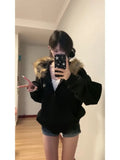 Poshoot American Vintage Black Fur Collar Hooded Zipper Sweatshirt Stylish High Street Zip Hooded Sweatshirt Harajuku Y2k Sweatshirt