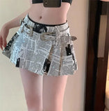 Poshoot American Printed Pleated Skirts  Autumn New Low Waisted A-line Skirt for Women Y2k Grunge Faldas Mujer Newspaper