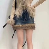 Poshoot Washed Fur Paneled Denim Skirt for Women Retro Sexy Hot Girl High Waist A-line Skirt Fashion Casual Package Hip Skirt Streetwear