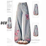 Poshoot American Tie-dye Butterfly Embroidery Raw-edge Jeans for Women Fashion Street Hot Girl Wide Leg Pants Y2k Loose Mopping Pants