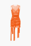 Poshoot Solid Color Sheer Mesh Wrap Tie Ribbon Mini Dress