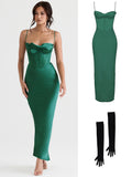 Poshoot outfit Green Maxi Bodycon Dress Sexy Celebrity Event Prom Night Party Dresses Satin V Neck Spaghetti Strap Women Dresses Summer