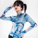 Poshoot Cyberpunk Ice Silk Sun Protection Mesh T-shirt for Women  Summer New Blue Tie Dye Tee Shirt Y2k E-Girl Long Sleeve Tops