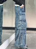 Poshoot American Vintage Multi-Pocket Wide Leg Jeans Women Stylish High Street Straight Leg Loose Jeans Harajuku Style Hip Hop Y2k Pants