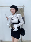 Poshoot Fashion Simple Puff Sleeve White Shirts Women+ Y2k E-Girl Sexy Slim Waist Black Strap Dresses Summer New Two Piece Sets