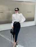 Poshoot Elegant Stand Collar Fungus Bow Letter Print Blouses  Autumn Winter New Shirts Women Y2k Long Sleeve White Blusas Mujer