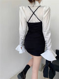 Poshoot Fashion Simple Puff Sleeve White Shirts Women+ Y2k E-Girl Sexy Slim Waist Black Strap Dresses Summer New Two Piece Sets