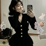 Poshoot Korean Fashion V-nck Long Sleeve Black Knitted Cardigan+ Y2k E-Girl High Waist Ruched Short Skirts  New Two Piece Sets