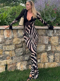 Poshoot Outfit Striped Printed Mesh Long Dress For Women See-Through V-Neck Patchwork Contrast High Waist Dress Female Lace-Up Maxi Dress