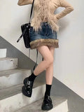 Poshoot Washed Fur Paneled Denim Skirt for Women Retro Sexy Hot Girl High Waist A-line Skirt Fashion Casual Package Hip Skirt Streetwear