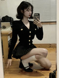 Poshoot Korean Fashion V-nck Long Sleeve Black Knitted Cardigan+ Y2k E-Girl High Waist Ruched Short Skirts  New Two Piece Sets