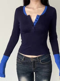 Poshoot Blue Color Block Stitching Long Sleeve Tee