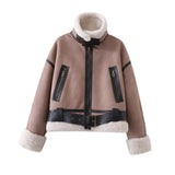 Poshoot outfit Women Warm Faux Shearling Jacket Coat Lapel Bomber Jacket with Belt Metal Zip Thick Jacket Winter Female Outerwear