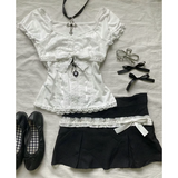 Poshoot Lace Patchwork Two-piece Short-sleeved Skirt Set Fashion Street Slim Fit Short Sleeve T-Shirt Korean Style Two Piece Set