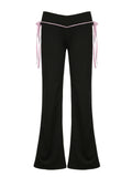 Poshoot nye outfits party outfits Contrast Lace-Up Low Waist Y2K Flared Pants Women Black Basic Simple Casual Sweet Style Trousers