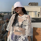 Poshoot Japanese O-neck Oversize Tee Shirt Summer Sexy See Through Mesh Lace T-shirt Y2k E-Girl Short Sleeve Bottoming Tops Women