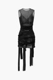 Poshoot Solid Color Sheer Mesh Wrap Tie Ribbon Mini Dress