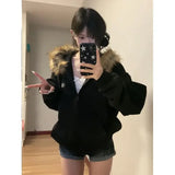 Poshoot American Vintage Black Fur Collar Hooded Zipper Sweatshirt Stylish High Street Zip Hooded Sweatshirt Harajuku Y2k Sweatshirt