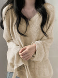 Poshoot Y2k Apricot Color Cozy V Neck Baggy Thin Sweater