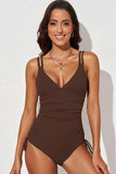 Poshoot-V Neck Pleated One Piece Swimsuit