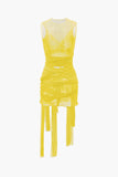 Poshoot Solid Color Sheer Mesh Wrap Tie Ribbon Mini Dress