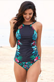 Poshoot-Leaf & Flower Print Ruched Tankini Set