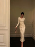 Poshoot Gorgeous Sheath Long Sleeves Ivory Date Night Dress Long Prom Dresses Birthday Outfits SD1076