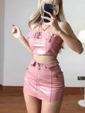 Poshoot Fashion Sweet Pink Strapless Vest for Women+ Y2k E-Girl High Waist Bodycon Leather Skirts  Summer New Two Piece Sets