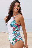 Poshoot-Leaf & Flower Print Ruched Tankini Set