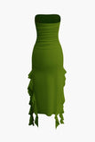 Poshoot Solid Color French Ruffle Hem Ruched Tube Maxi Dress