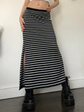 Poshoot nye outfits party outfits Y2K Black White Stripe Long Skirts Women Split Elastic Waist Basic Elegant Knitted Skirt