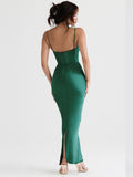 Poshoot outfit Green Maxi Bodycon Dress Sexy Celebrity Event Prom Night Party Dresses Satin V Neck Spaghetti Strap Women Dresses Summer