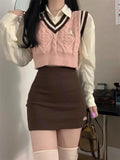 Poshoot Harajuku Sweet Pink Knitted Vest for Woman  Autumn New V-neck Sweater Vests Y2k Grunge Slim Fit Sleeveless Tops Mujer