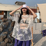 Poshoot Japanese O-neck Oversize Tee Shirt Summer Sexy See Through Mesh Lace T-shirt Y2k E-Girl Short Sleeve Bottoming Tops Women