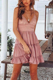 Poshoot Sexy V Neck Tiered Ruffle Pink Blending Mini Dress