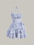 Poshoot Blue French Floral Print Layered Ruffle Hem Halter Dress