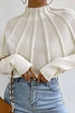 Poshoot Solid Color Mock Neck Textured Batwing Sleeve Sweater