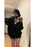 Poshoot American Vintage Black Fur Collar Hooded Zipper Sweatshirt Stylish High Street Zip Hooded Sweatshirt Harajuku Y2k Sweatshirt