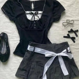 Poshoot Elegant Sweet Square Collar Bow Short Sleeve Tops Women+ Y2k Slim Waist Ruched Skirts  Summer New Two Piecec Sets