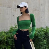 Poshoot Outfit . Elegant New Tops Women Slim and Thin Showing Navel Solid Color Bottom Shirt Gentle Long Sleeve Square Neck Short t-shirt